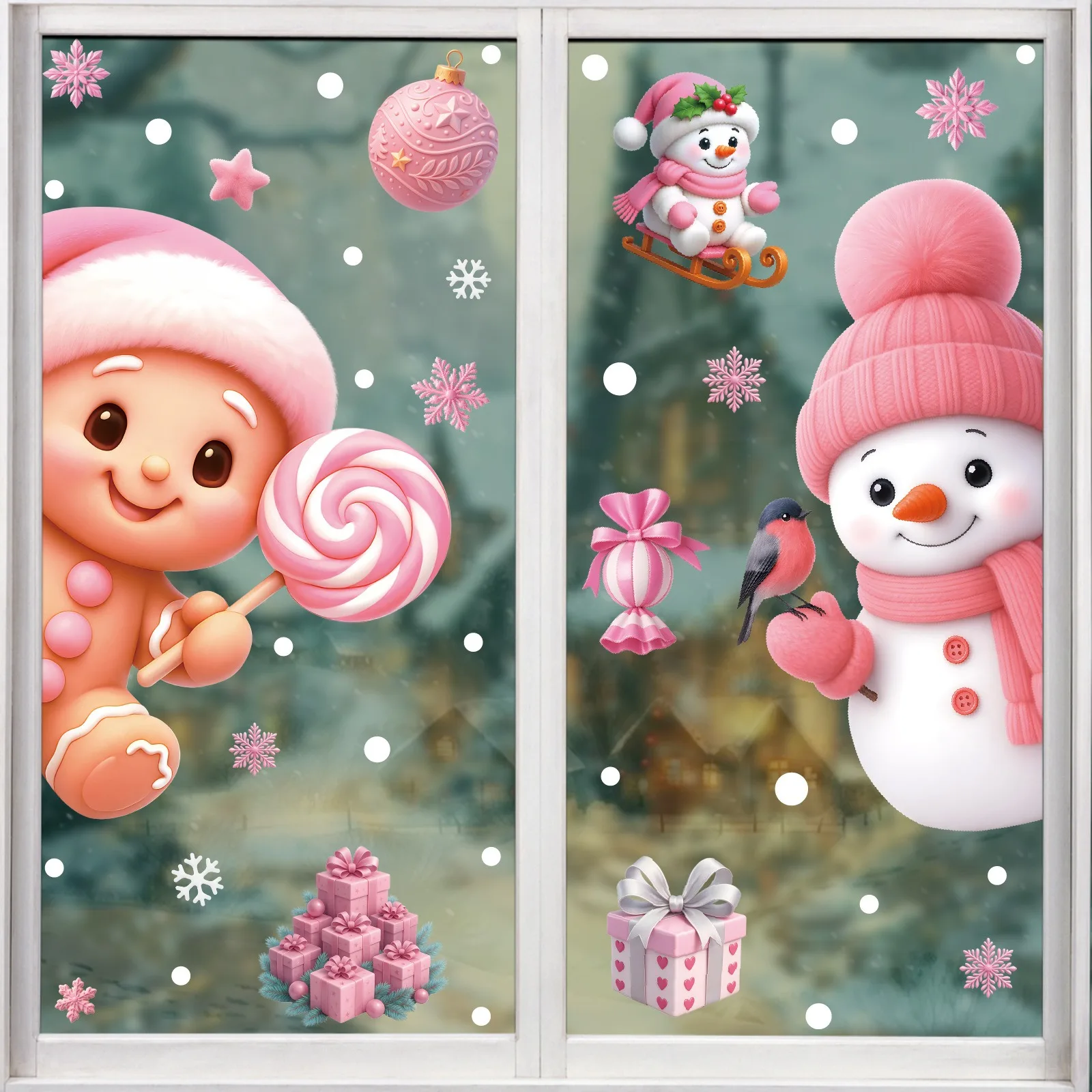 Pink Christmas Mirror Stickers Cartoon Gingerbread Man Sowman Santa Glass Window Stickers Merry Christmas Happy New Year Decor