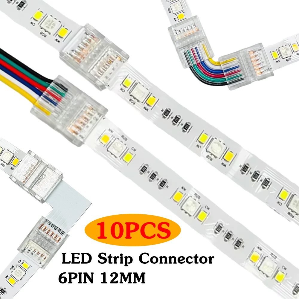 

10 шт., 12 мм, 6 контактов, RGB + CCT, разъем для светодиодной ленты, L-образная форма, Т-образная форма, без пайки, легкий разъем RGBCCT RGBCW, разъем для светодиодной ленты