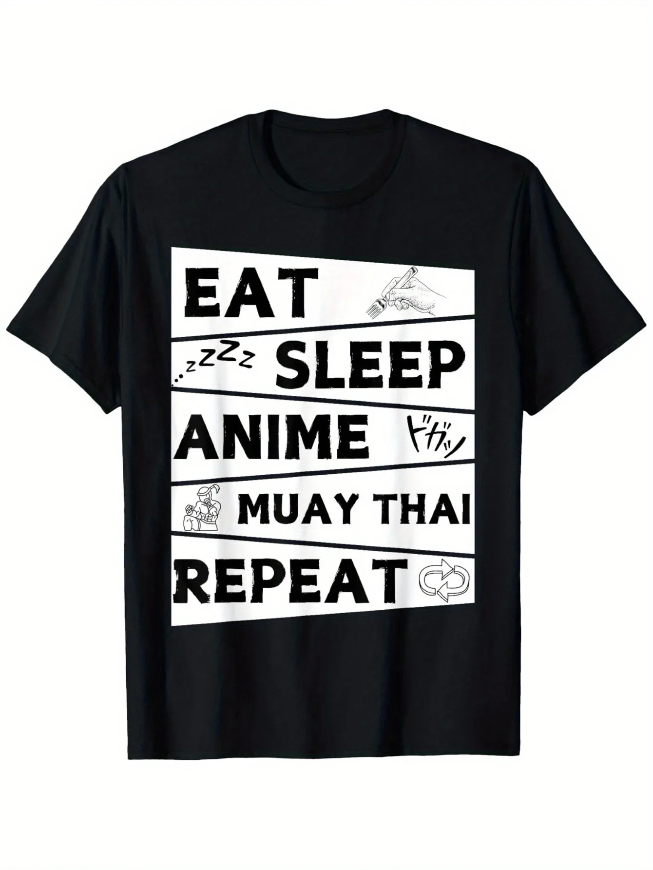 

Men's Anime Boxing Graphic T-Shirt - Eat Sleep Anime Boxing Repeat Slogan, Featuring Thai Boxing Gloves and Warrior Design - Martial Arts Training and Casual Wear - Breathable Crew Neck Short Sleeve T-Shirt for Men - All-Season Comfortable Fit, Suitable f