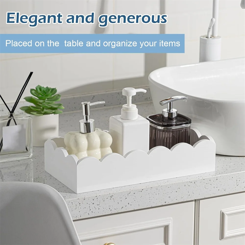 Scalloped Wooden Bathroom Tray, Farmhouse Toilet Tank Topper Decor Tray & Vanity Organizer