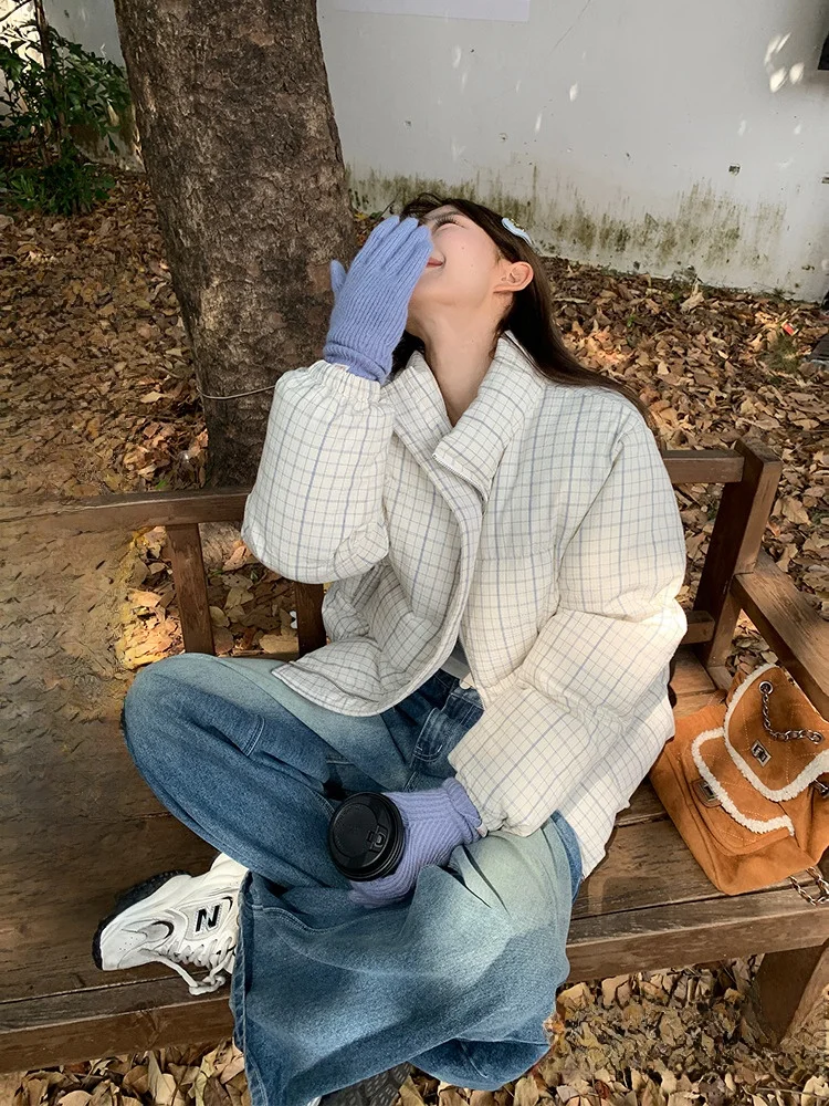 

Thiened Cotton Jaet Women's Winter Stand Collar Korean Sle Warm Bread Sle Cotton Coat Outerwear Trendy Plaid Pattern