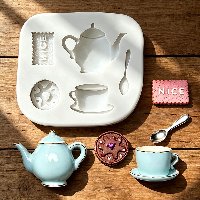 Moule en silicone pour biscuits, théière, café, chocolat, cupcakes, outils de décoration de gâteaux en fondant
