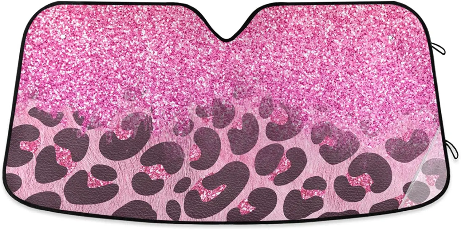 

Pink Glitter Leopard Car Windshield Sun Shade for Front Spark Golden Love Sunshades Sun Visor Protector Blocks UV Rays Foldable