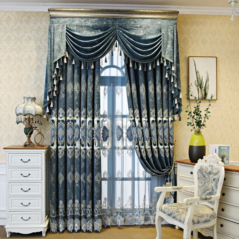 European Blue Water-soluble Embroidered Window Screen Thickened Jacquard Chenille Curtains for Living Room Bedroom French Window