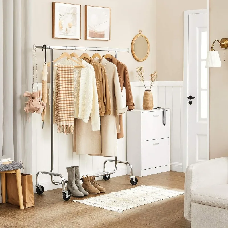 

Clothes Rack with Wheels, Clothing Rack for Hanging Clothes, Heavy-Duty Garment Rack with Extendable Hanging Rod