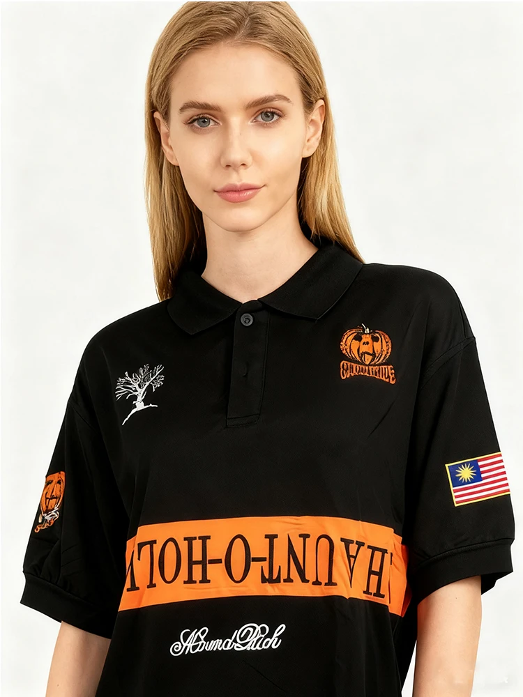 

Autumn Fashion Short sleeved Top Harajuku Ins Retro Personalized Printed Button Collar Polo Shirt Y2k Halloween Women's T-shirt