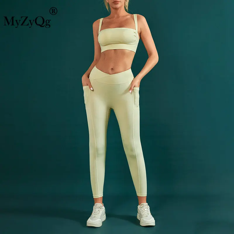 MyZyQg Women Yoga 2-piece Set Casual Sports Bras Threaded V High Waist Leggings Pants Pilates Vest Beauty Back Fitness Suit