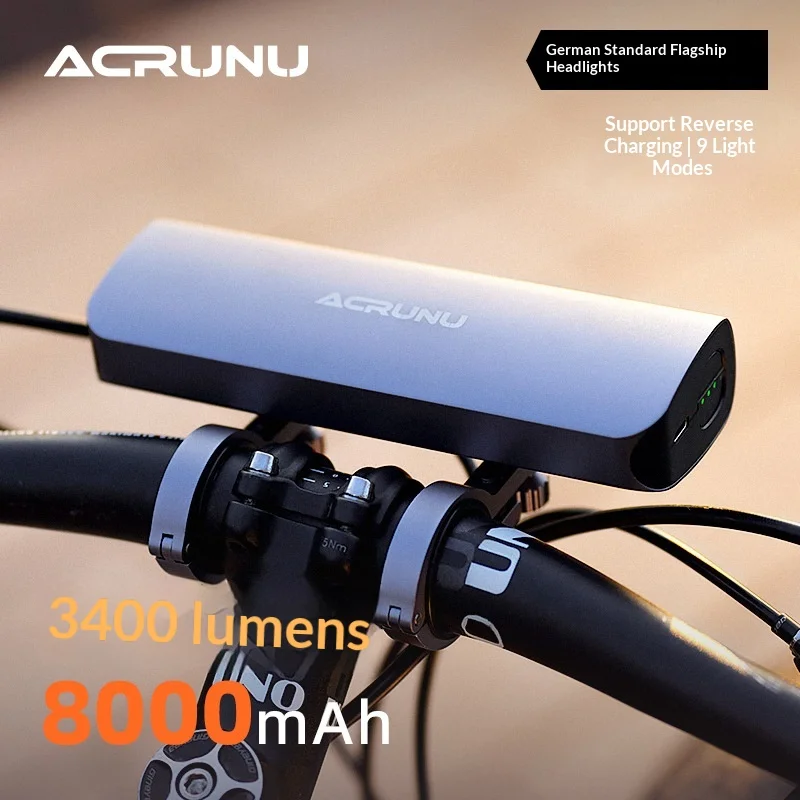

Велосипедный фонарь ACRUNU 3400 люмен, 8000 мАч, из алюминиевого сплава, антибликовый, с зарядкой Type-C, 9 режимов освещения, для ночной езды на шоссейном велосипеде