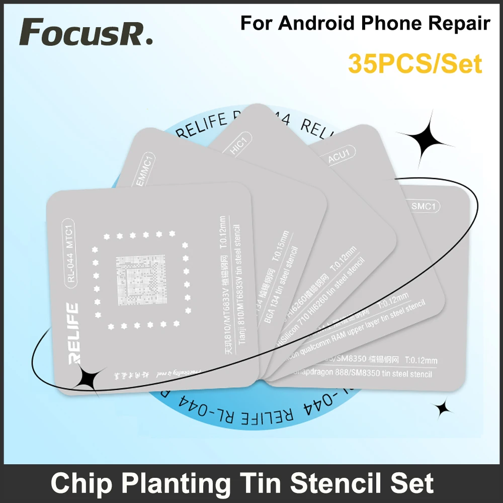 

RELIFE RL-044 35PCS Android CPU Series Chip Planting Tin Steel Stencil Set Tinned BGA Reballing Kits For Qualcomm Snapdragon