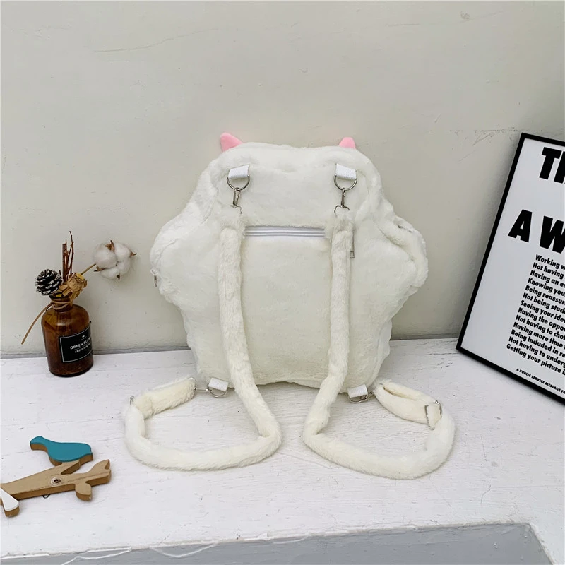 College Student Plush Pink Backpack Kawaii 3D Cartoon Cat Claw Girls Shoulder Bag Large Capacity White Schoolbag Female Rucksack