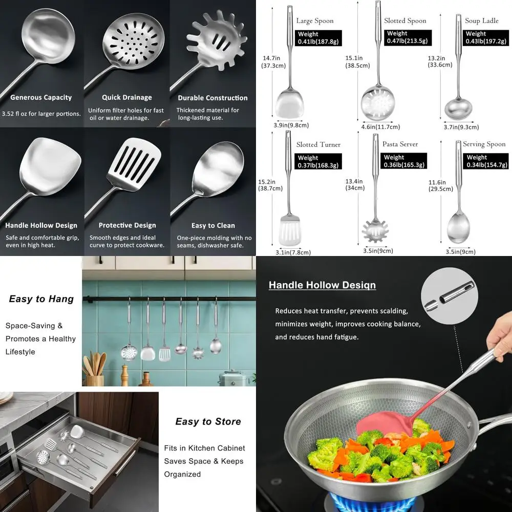 

Набор кухонных инструментов из нержавеющей стали 18/8, 6 предметов: лопатка, ковш, ложка, скиммер, сервер для макарон, токарный станок — можно мыть в посудомоечной машине