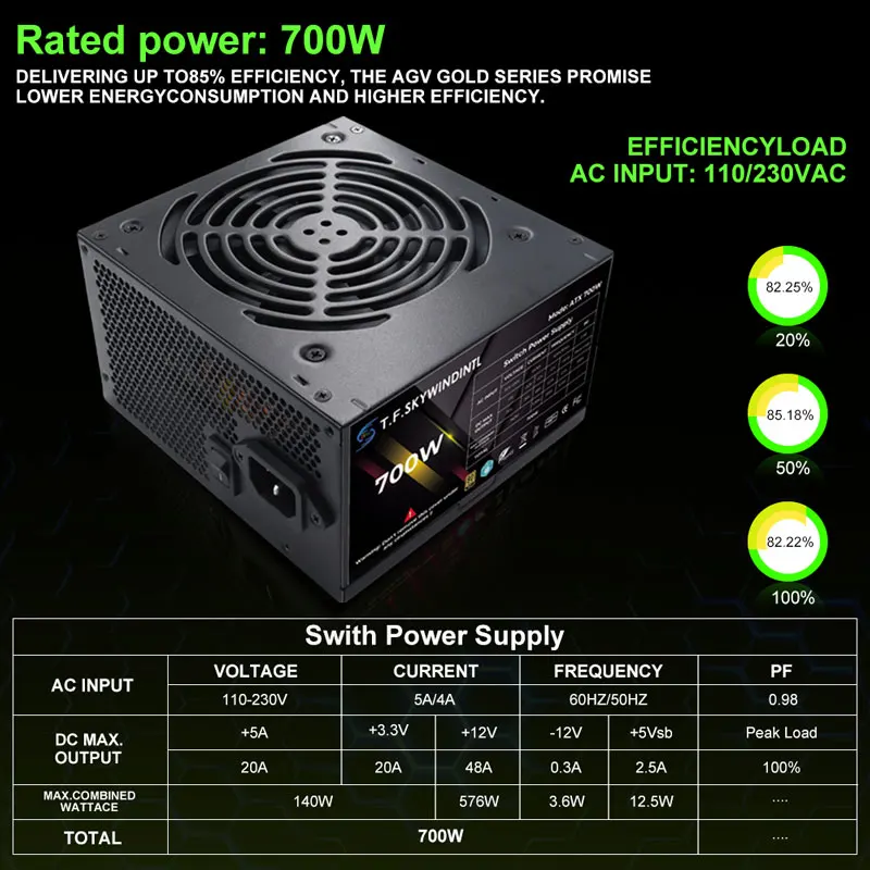 T.F.SKYWINDINTL PC Power Supply Unit 700 watt power supply Black Gaming Quiet 120mm Fan 24pin 12V ATX Desktop Computer PSU