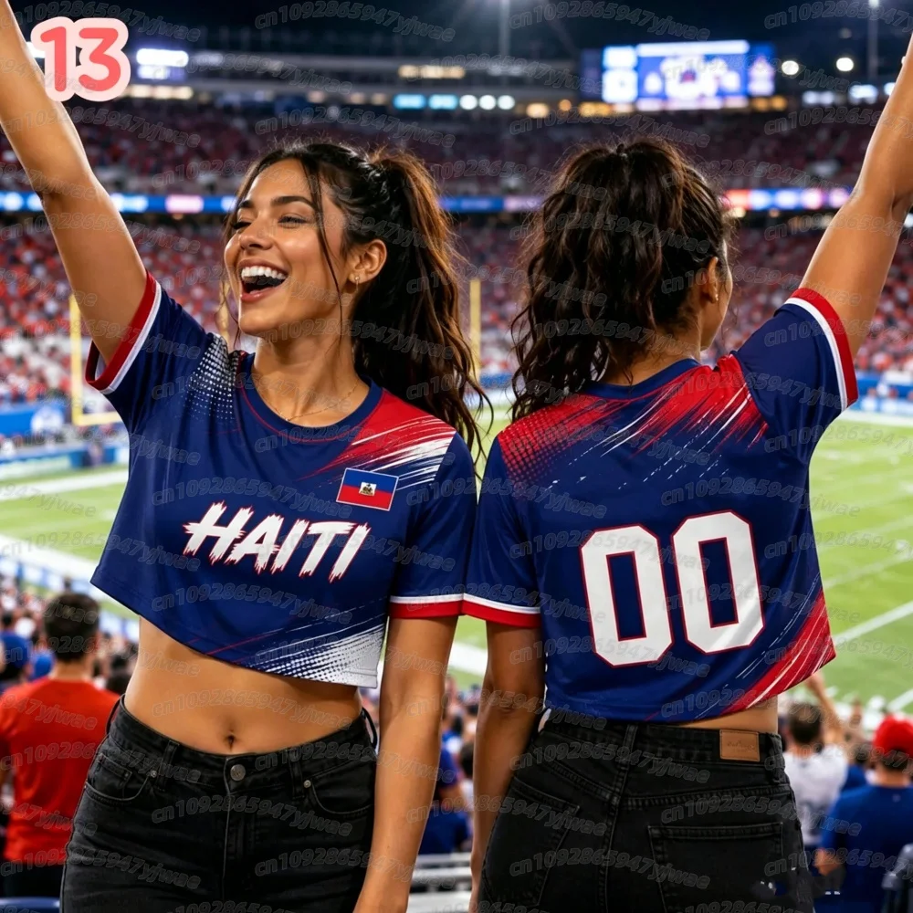 2026 Frauen HAITI Fußball Crop Top Trikot Cheerleader Fußball-T-Shirt Damen Romantik Fußballtrikot, Kurzarm Damen T-Shirt – Detail 9