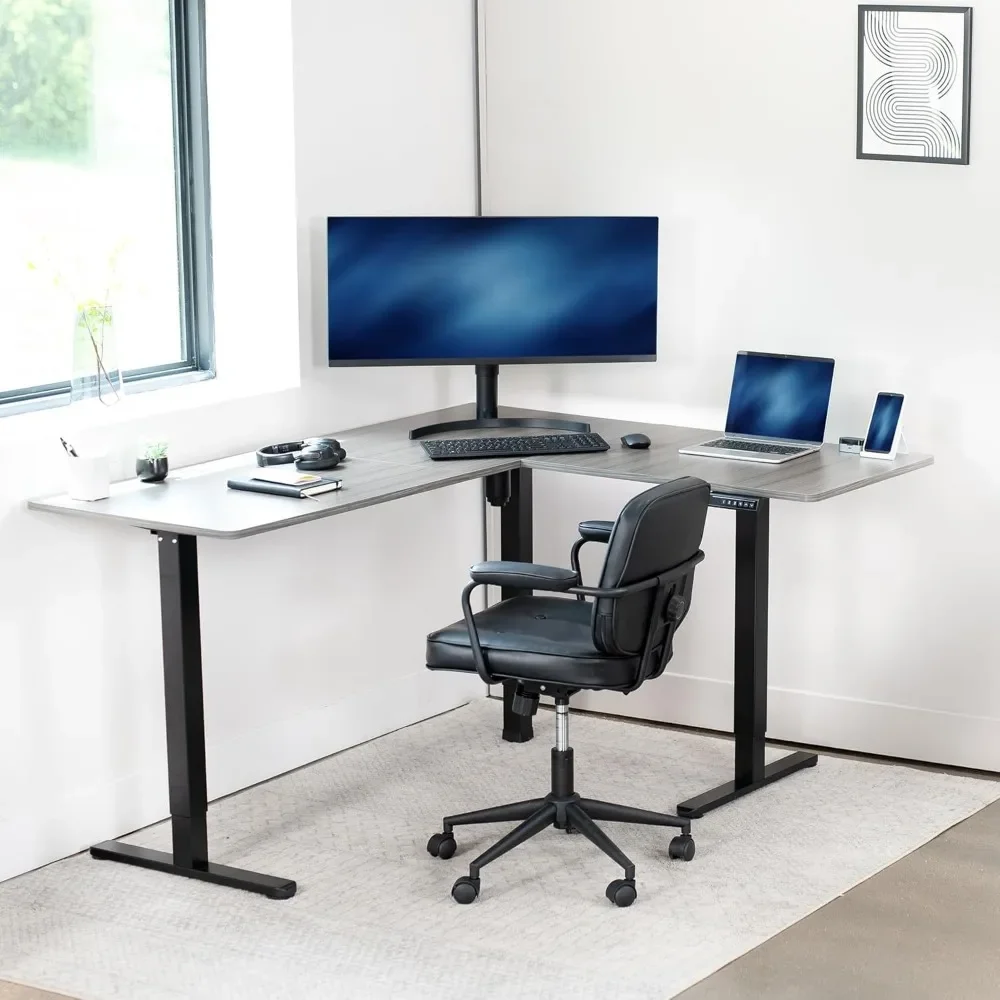 Electric L-Shaped 63 x 55 inch Standing Desk, Height Adjustable, Memory Controller, Dark Gray Top Black Frame, DESK