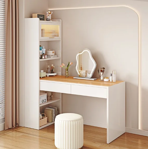 #Modern Solid Wood Dressing Table Lighted Cream-Colored Bedroom Vanity For Small Apartment Makeup Storage Cabinet Hotel Use