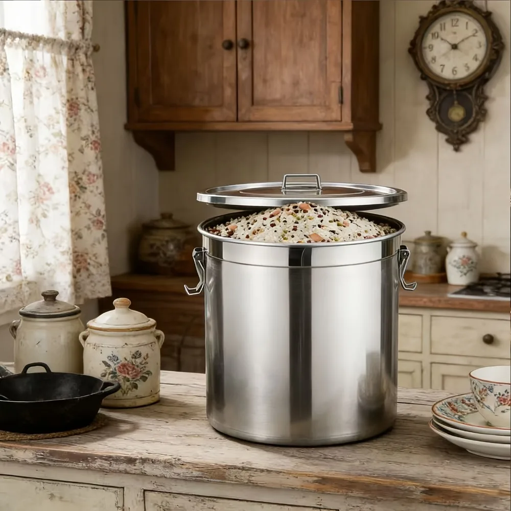 

304 Stainless Steel Sealed Canister for The Kitchen, Flour Storage with Lid And 4 Locking Clips, Durable Metal Airtight Food Storage Bucket for Rice, Coffee Beans, Oil, Milk, And Wine