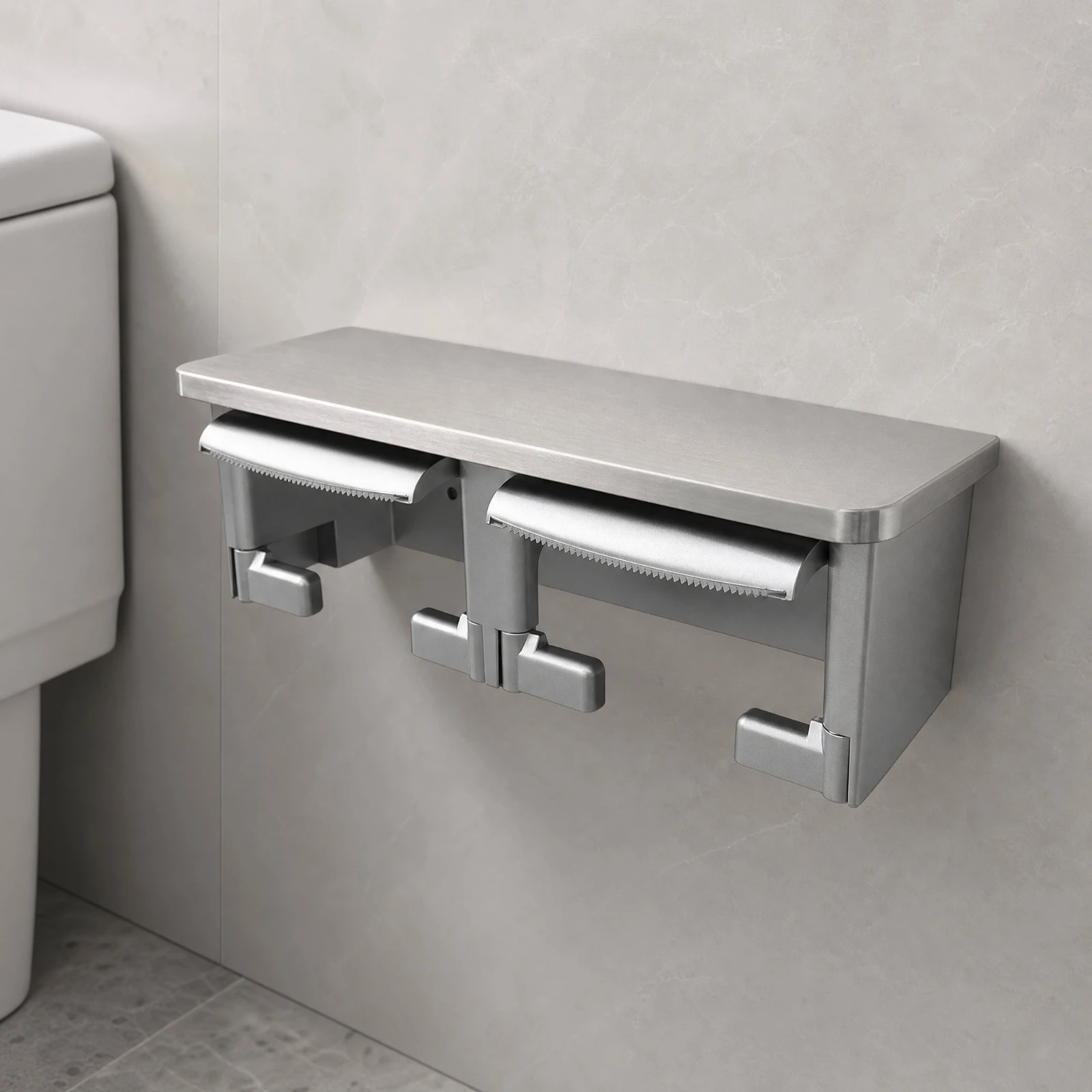 Double Bathroom Tissue Holder with Shelf Rustproof Double Bathroom Tissue Holder Bathroom Hardware Easy to Install Space-Saving