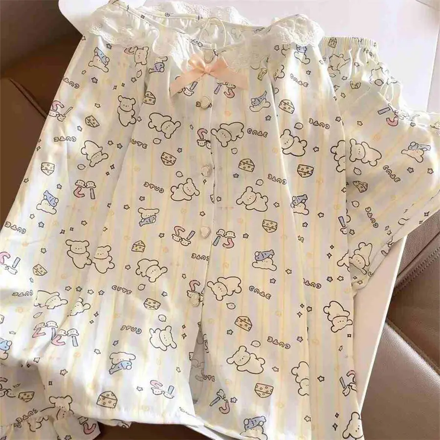 Cute Cartoon Dog Hello Kitty Pajamas Set for Women Girls Long Sleeve Sleepwear Home Clothescomfortable Loungewear Nightgown