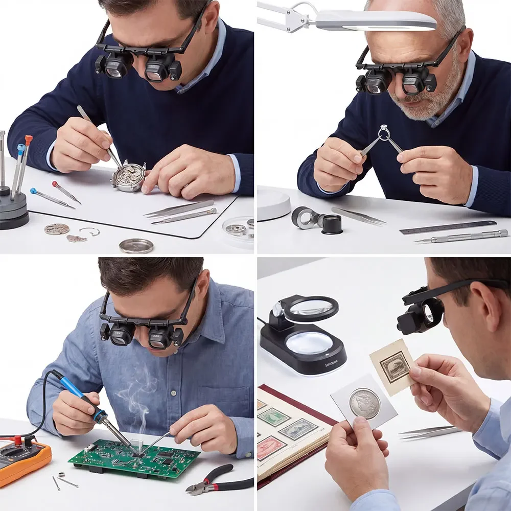 Professionelle Kopfmontierte Vergrößerungsbrille mit LED-Licht 2x, 6x, 8x, 10x, 12x, 24x Linsen für Uhren- und Schmuckreparatur – Detail 15