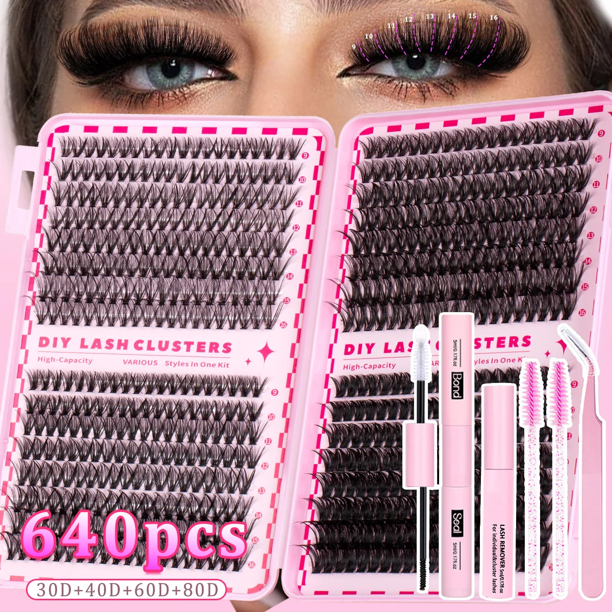Wimpern-Cluster-Set, 640-teilig, Verlängerungen 30D40D60D80D, einzelne Wimpern, D-Curl, dünne Wimpern, dünnes Band mit Bond-Siegel-Pinzette