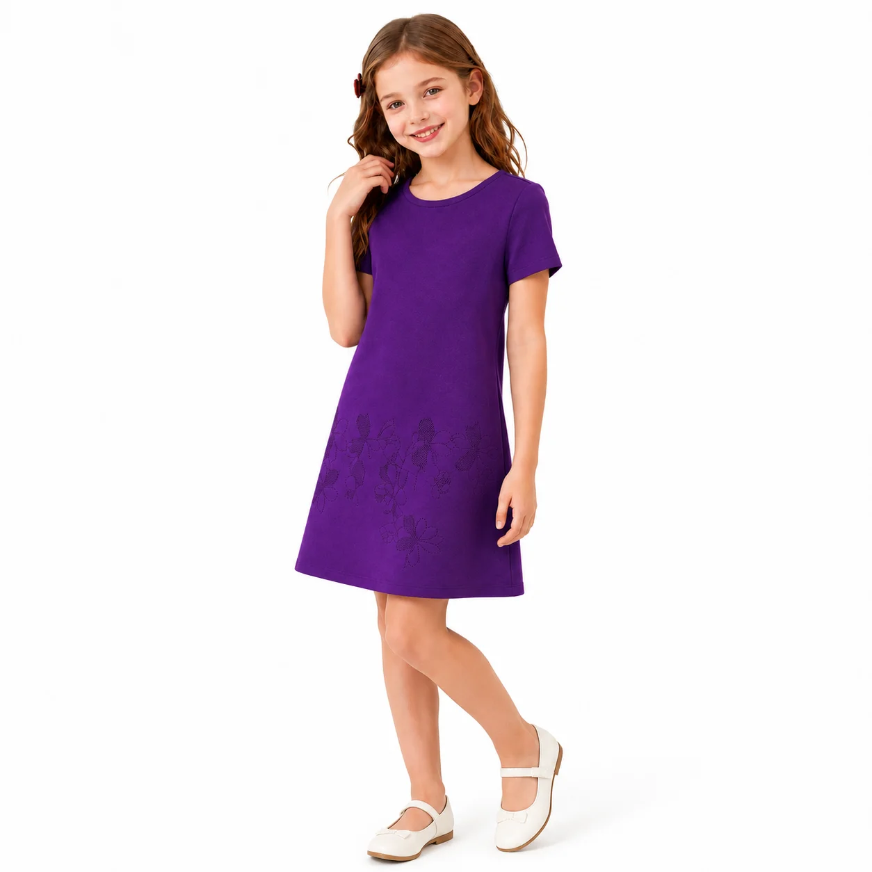 CH Girls Kids Solid Purple Knit Dress Short Sleeve Embroidery Slim Bodycon Mini Dress Girls Summer Casual Party Dresses