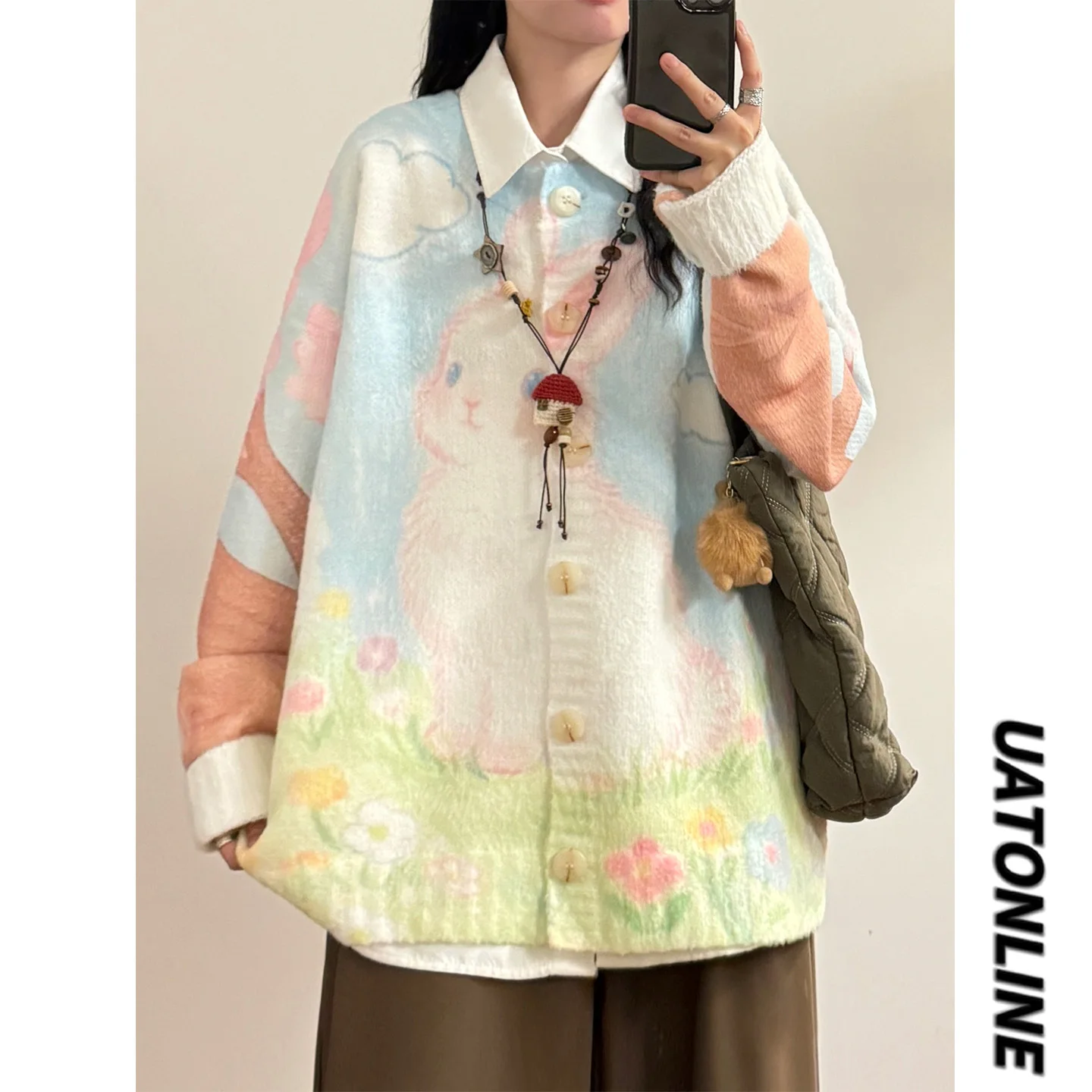 

UATONLINE Осенний японский ретро-кардиган свободного кроя с милым принтом кролика, круглым вырезом, на пуговицах, уличный стиль, длинный рукав