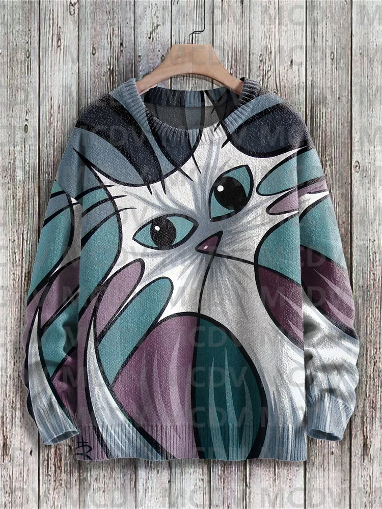 Multicolor Abstract Geometric Art Cat Print Knit Pullover Sweater Men's For Women's Pullover