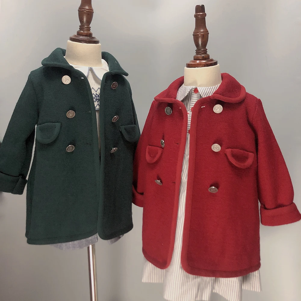 Girls Coat Boys Coat Woolen Winter Green Red Warm Slim Christmas Eid Clothing British Royal Style Children Vintage Clothing