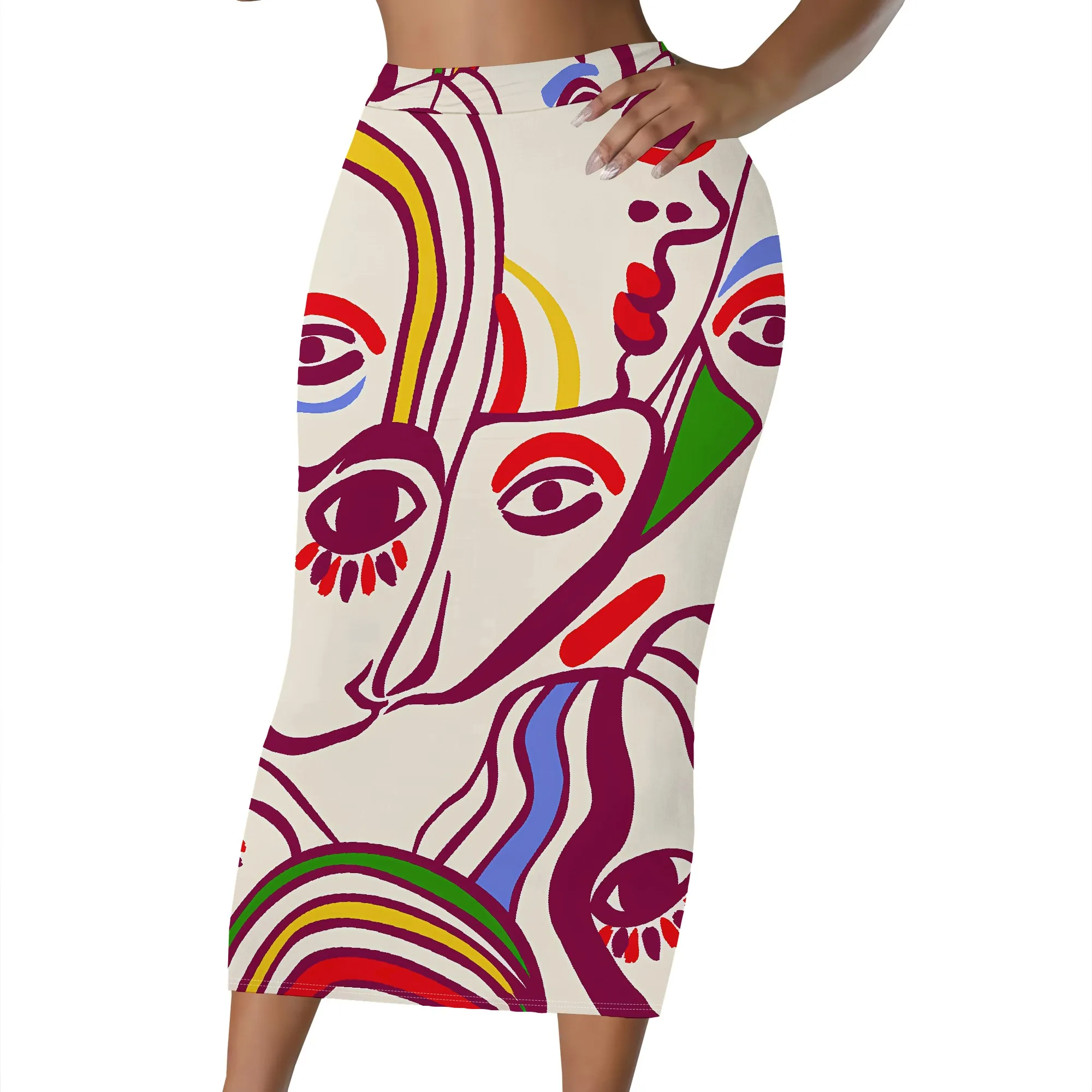 Midi-Rock mit psychedelischem Print, Retro-Muster, orange-grünes Design, elastischer Bund, Bleistiftrock für Damen, S-2XL – Detail 8