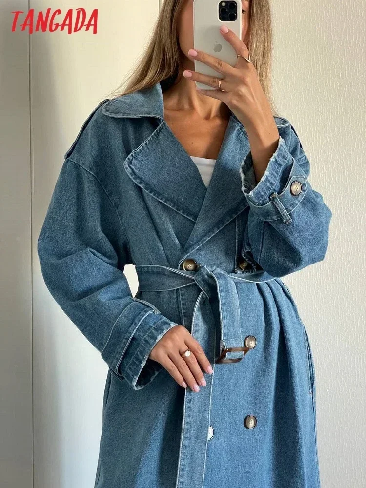 Tangada 2023 Autumn Women Blue Denim Trench Coat With Belt Elegant Female Loose Outwear 5B2