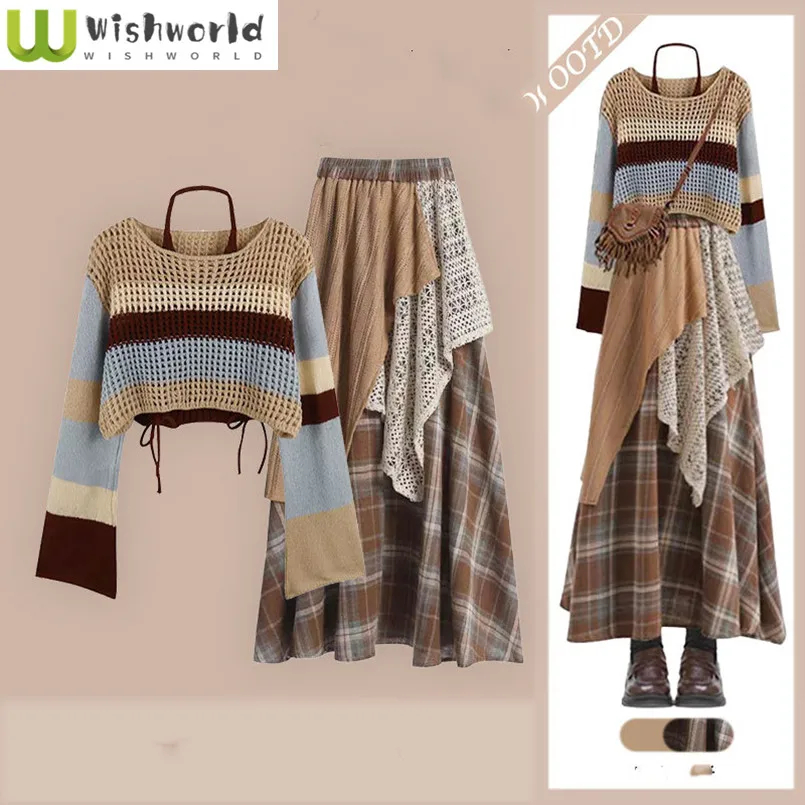 

Maillard Ethnic Style Women's Set for Spring and Autumn Knitwear Top Temperament Plaid Dress Two-piece Set