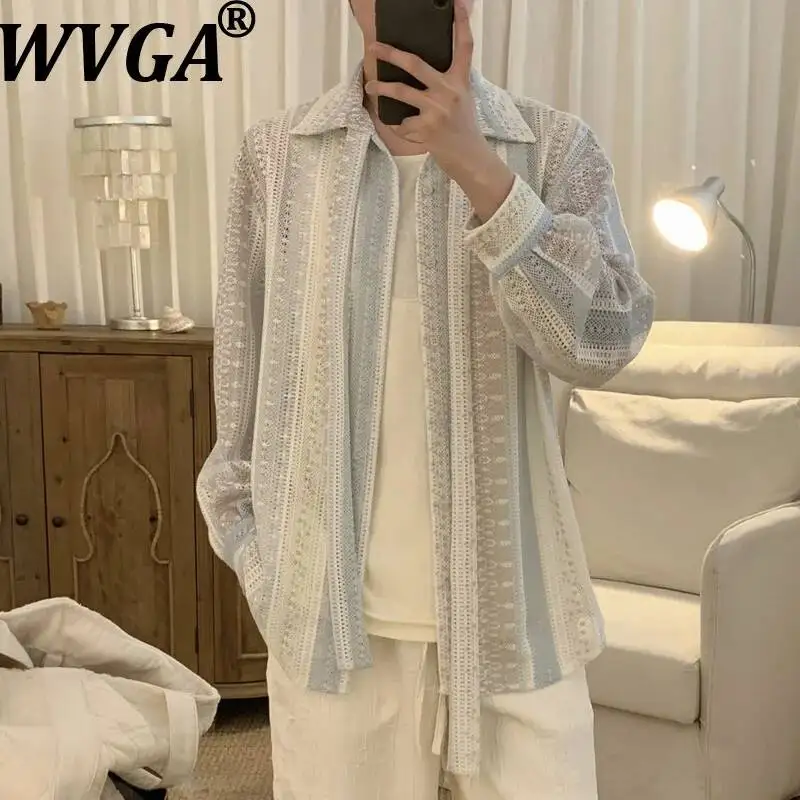 

WVGA Spring Summer New Men Hollow Out Ribbon Striped Trendy Long Sleeve Shirt Niche Chic Casual High-End SunProof Top Ins W24453