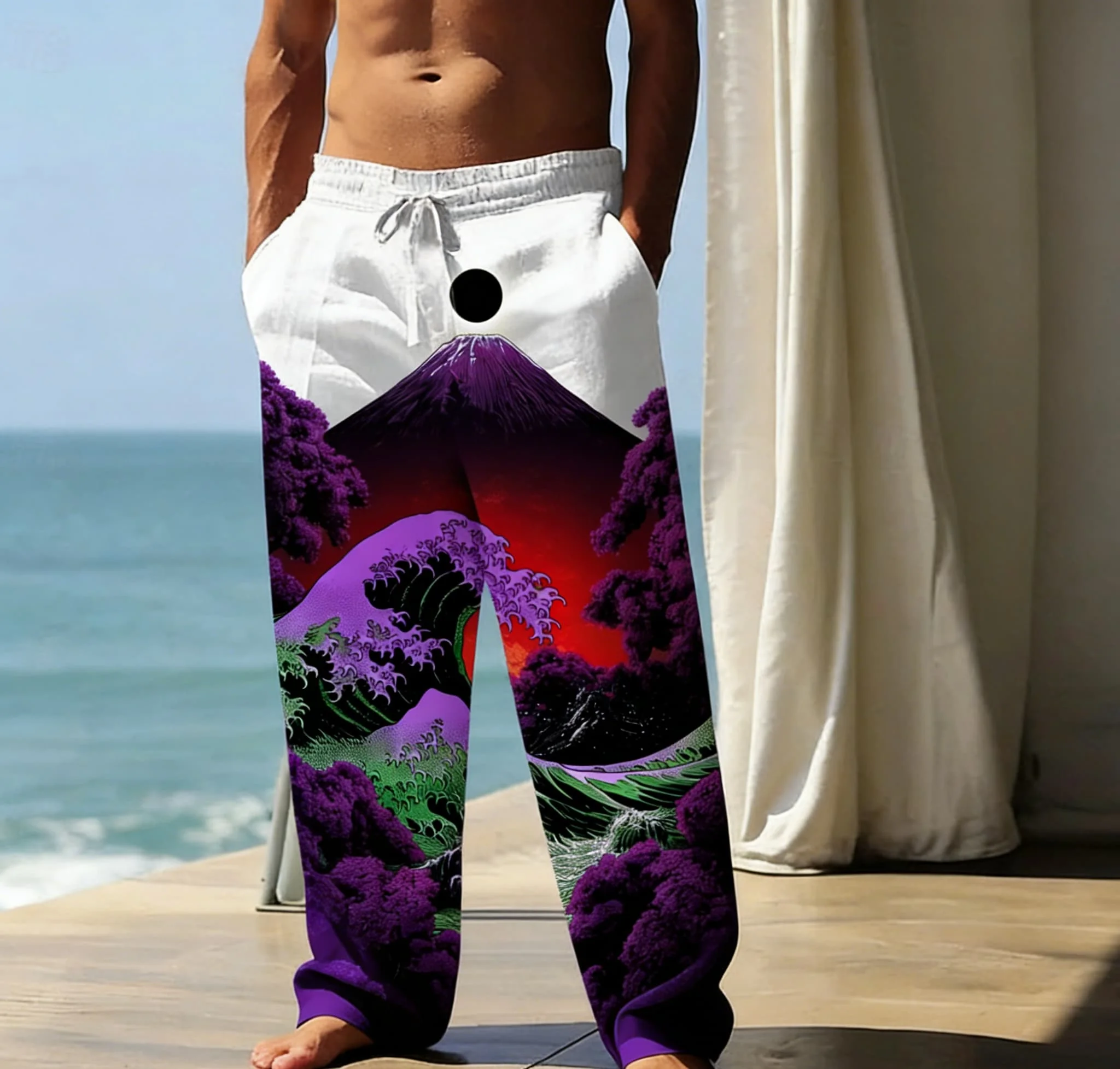 Men's Summer Thin Long Trousers With Elastic Waist, Casual And Versatile, Japanese Art Cherry Blossom Print Casual Trousers
