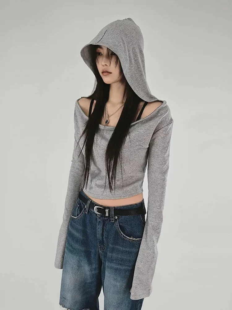 Y2k Aesthetic Hooded Tshirts Women Sexy Long Sleeve Crop Top Slim Fit Off Shoulder Tees Casual Streetwear Grunge T Shirt 2024