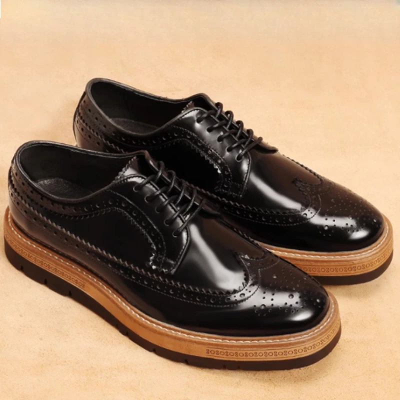 

European and American Trendy Carved Casual Shoes for Men's Genuine Leather Business Cowhide Thick Soled Height Increasing Shoes
