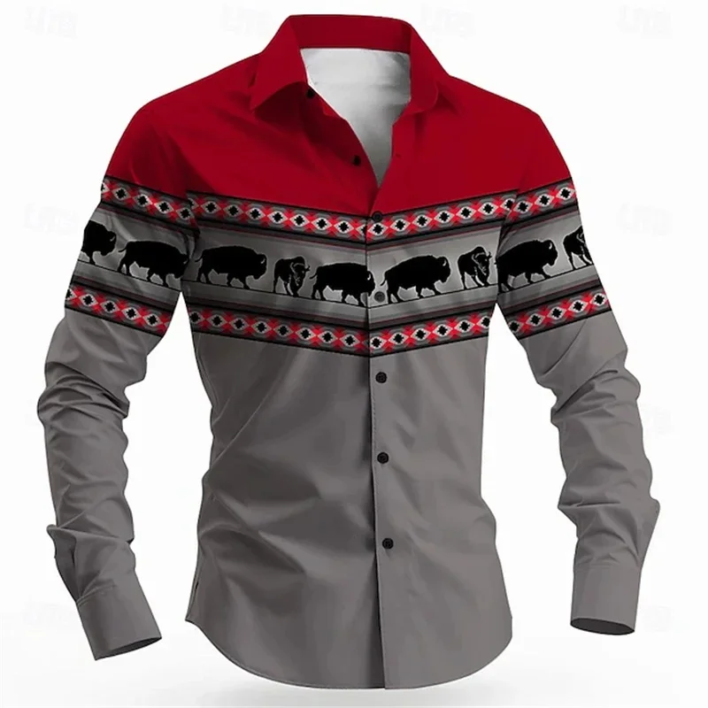 Herren-Langarmhemd, Western-Ethno-Stil, geometrisches 3D-Muster bedrucktes Hemd, Vintage-Langarm-Revershemd für Männer.