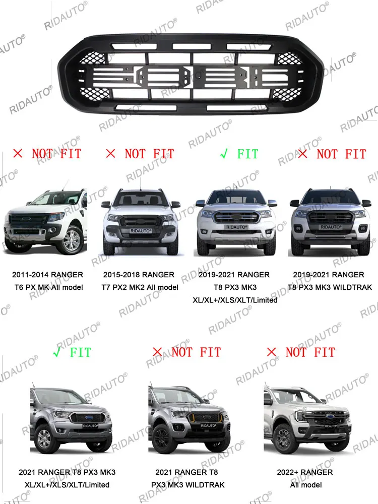 Aftermarket Matte Black Front Raptor Style Grille Bumper Grills Fit For FORD RANGER 2019 2020 2021 T8 PX3 XL XL+ XLS XLT LIMITED