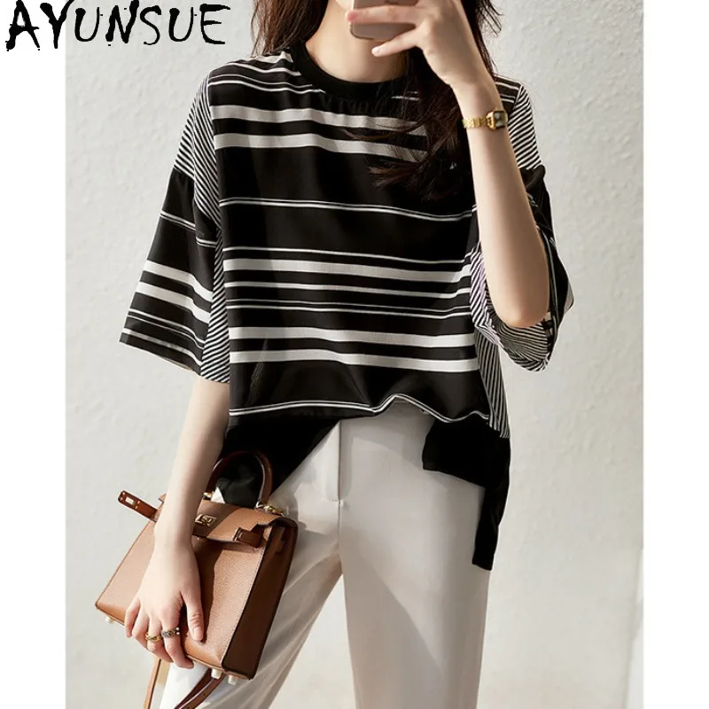 AYUNSUE 100% Silk Women's T-shirts Striped O-neck Tops for Woman Loose Casual Summer Top High Quality Woman Clothes Топ Женский
