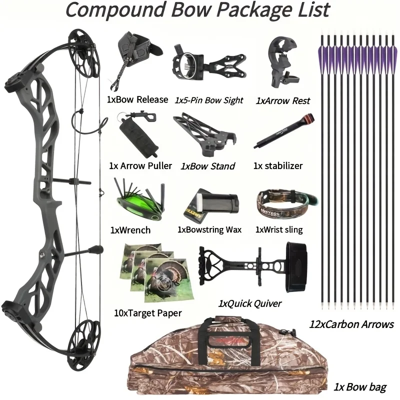 Archery 19-70Lbs Compound Bow Carbon Arrow Set320fps Arrow Speed Aluminum Alloy Riser Right Hand Hunting Outdoor Shooting Traget