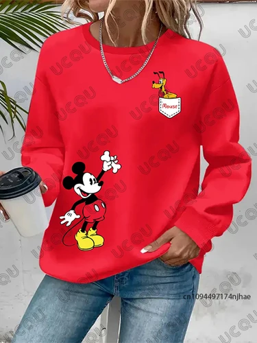 Camiseta MINSO de manga larga con estampado de Mickey Mouse y Plutón para mujer, moda de otoño, sudaderas informales de Color sólido, Tops de gran tamaño