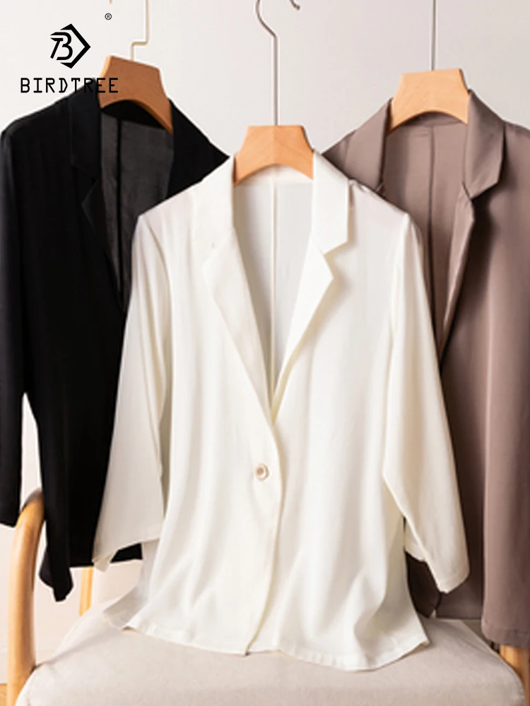 

Birdtree Summer 19 Mm Women Real Mulberry Silk Blazer Suit Office Thin Solid 3/4 Sleeve Outwear Jacket Tops White Black T35856C