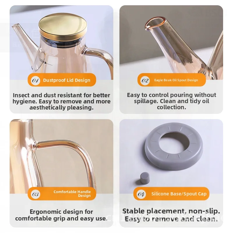 

Large Capacity Glass Oil Pot 600ml/800ml/1000ml Kitchen Non-Hanging Oil Bottle with Stainless Steel for Soy Sauce Vinegar