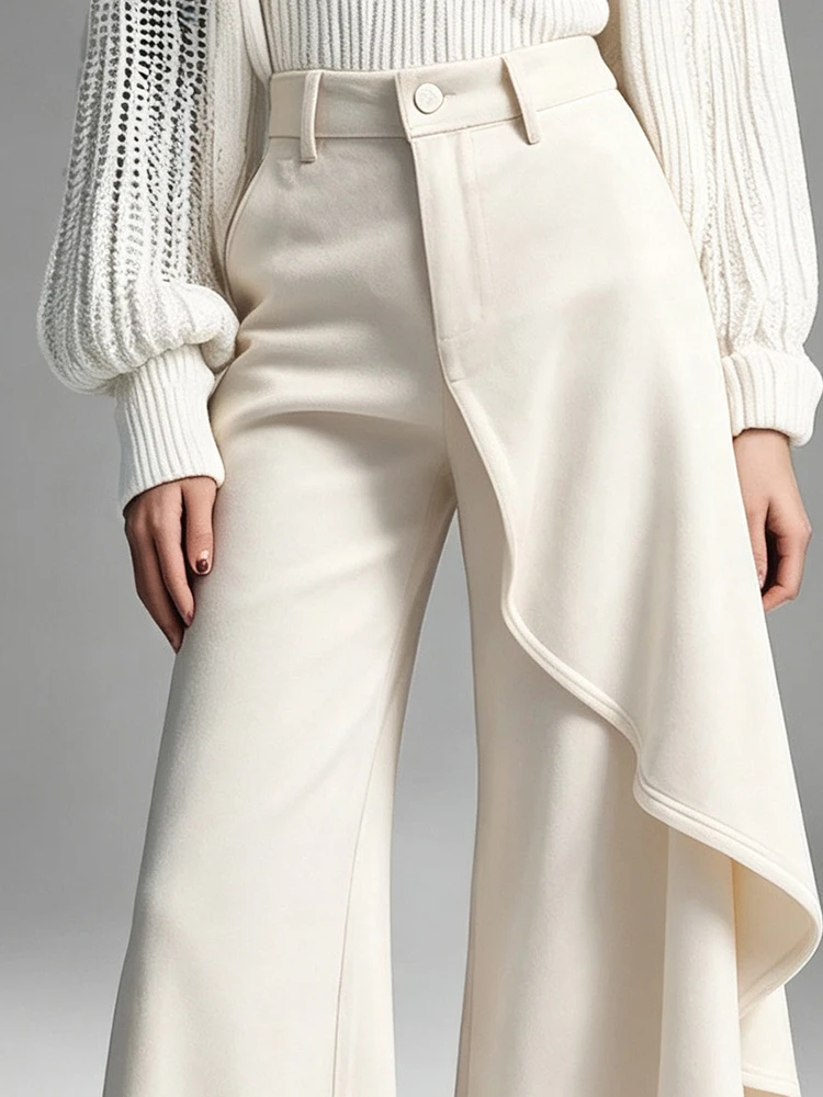 Autumn Winter Elegant Chic Trousers Women Button Fly Solid Patchwork Wide Leg Pants Holiday Fashion Streetwear Irregular Pants