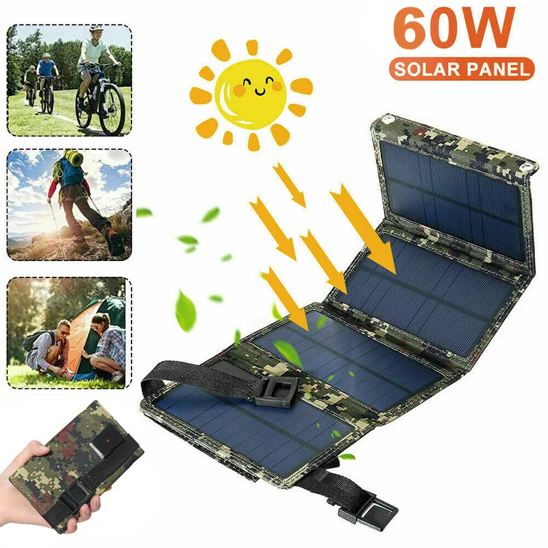 60W Solar Panel Folding Power Bank Outdoor Portable Powerbank Waterproof Phone Charger for Camping Hiking