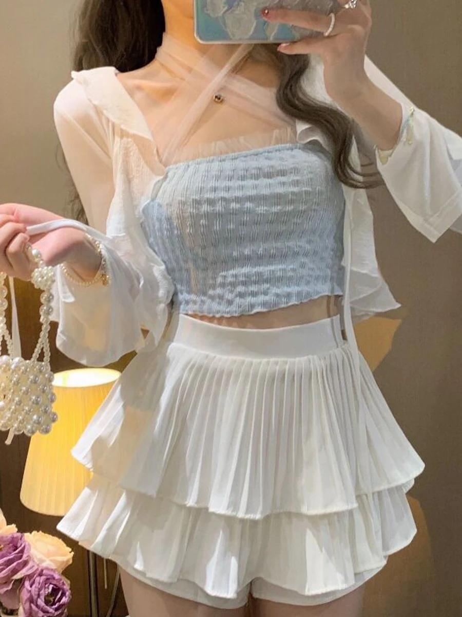 White A-Line  Skirt Women's Spring High Waist Pleated Skirts 2023 Autumn Short Flared  Korean Style Pure Color