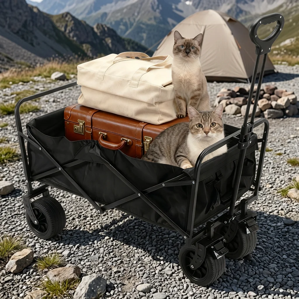 Sturdy Folding Collapsible Four-Wheel Steel Camping Wagon Cart with Adjustable Handle Large Capacity for Outdoor Camping