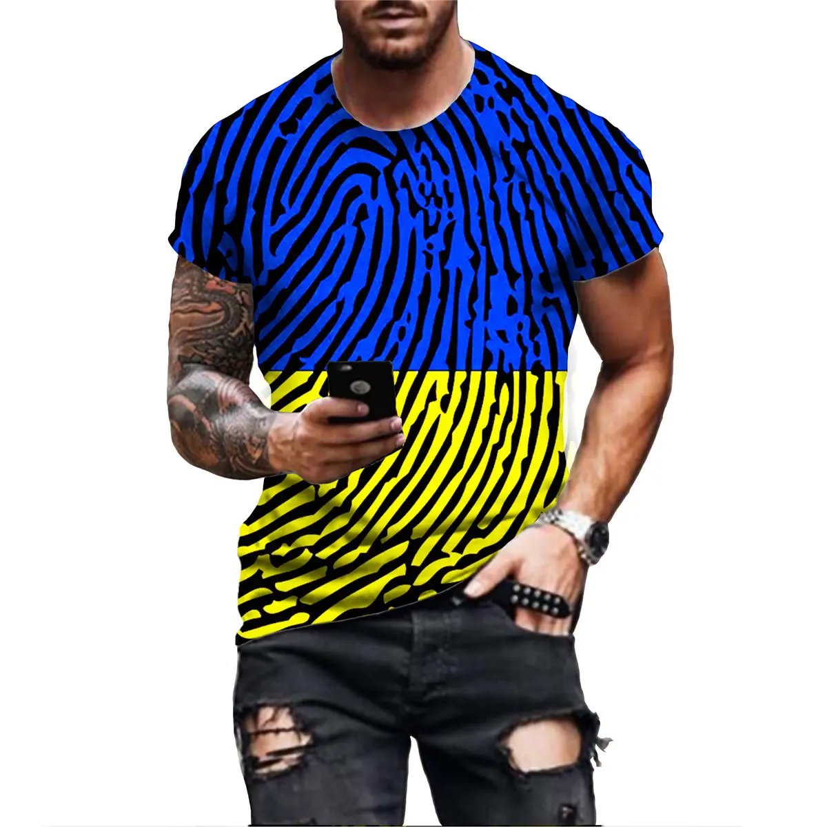 2022 Fashion Summer T-shirt Men\'s 3D Ukraine Flag Blue Yellow Print Men\'s T-shirt Breathable Street Style Stitching Print T-shir