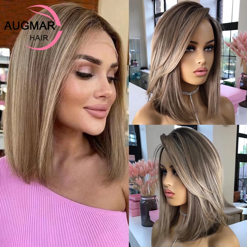 Ash Blonde Brown Bob Highlight Human Hair Wigs Transparent Short Straight Lace Front Wigs Human Hair 13x6 HD Lace Frontal Wig