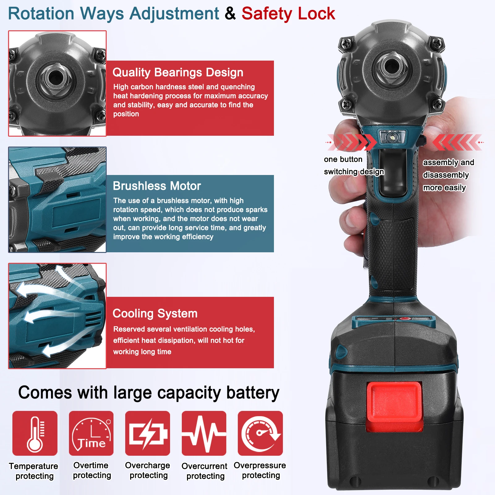 21V Electric Wrench Brushless Motor High Torque Power Tools with Forward and Reverse Rotation Ways Switching Household Drill