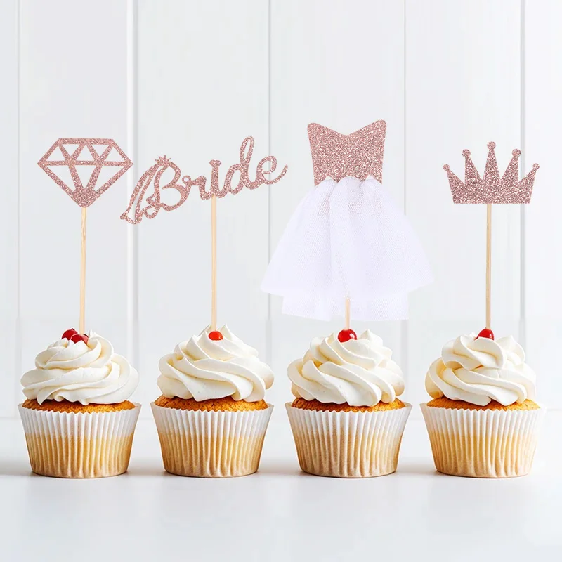 8PCs Bride Sparkling Rose Golden Cupcake Toppers Wedding Cake Decorations Bachelorette Bridal Shower Dessert DIY Decor Supplies